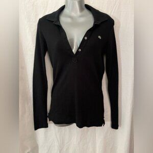 V-neck Lacoste alligator shirt top slim cut deep v-neck black long sleeves